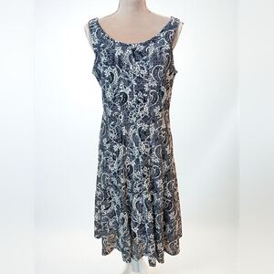 Perceptions Blue White Lace Midi Dress L Modest Elegant Fit And Flare Slimming